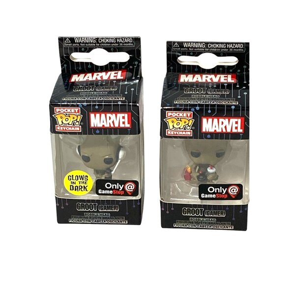 Marvel Funko Pocket Pop Groot Gamer Keychain Bobble-Head Glow Dark GameStop NEW - Picture 2 of 9